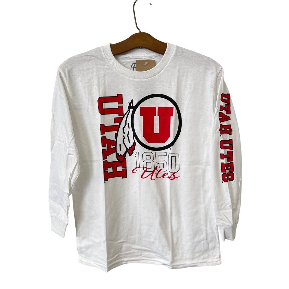 Blue 84 Utah Utes 1850 Long Sleeve Graphic T Shirt Youth M White Cotton Tee NEW